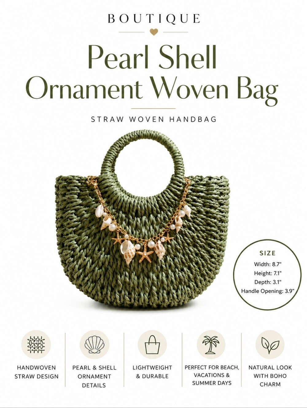 Woven Round Handle Straw Tote Bag with Shell Charm - Olive Green